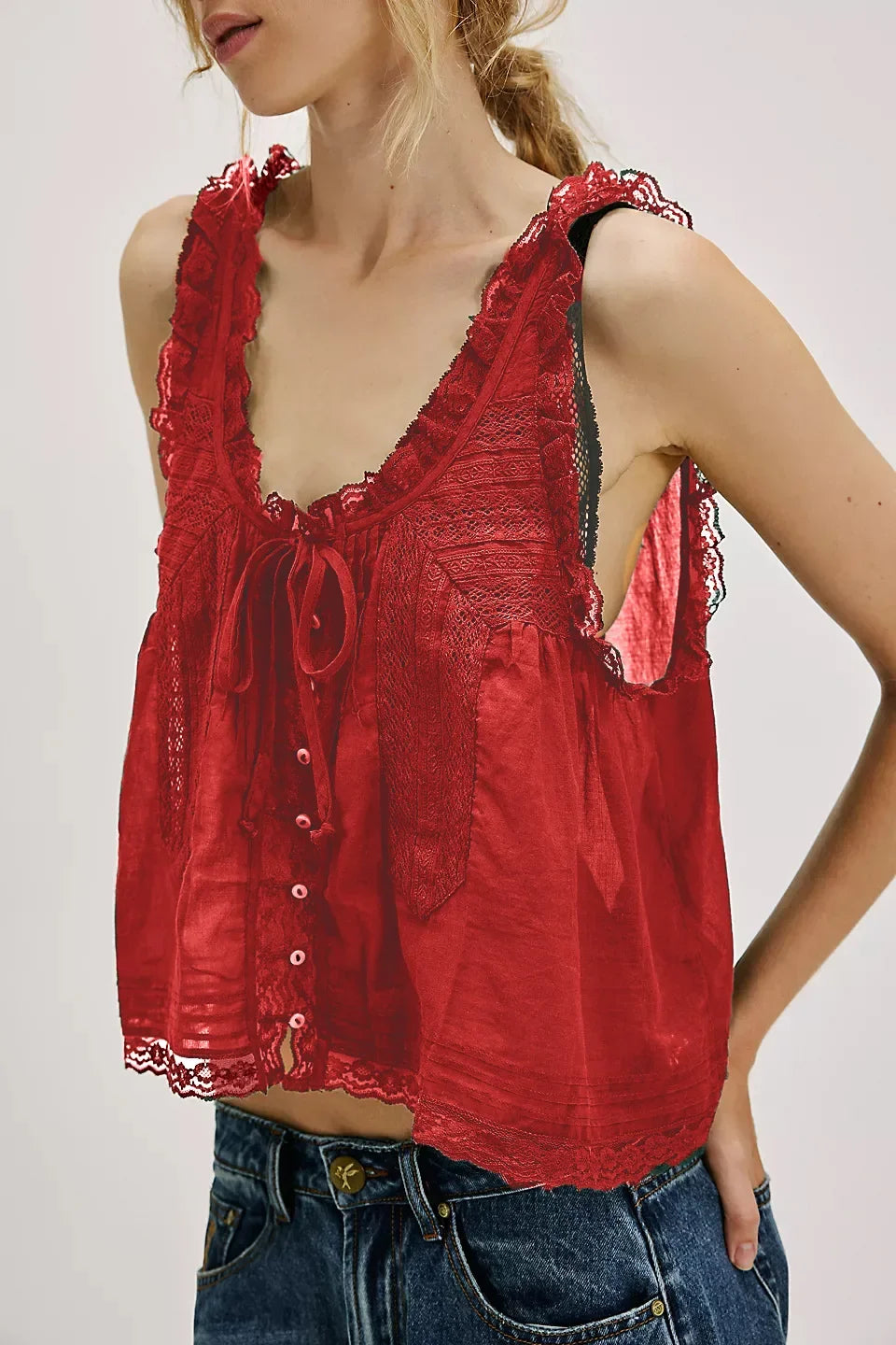 Pip's Summer Cotton Camis Crop Tops Boho Spliced Lace Tank Tops