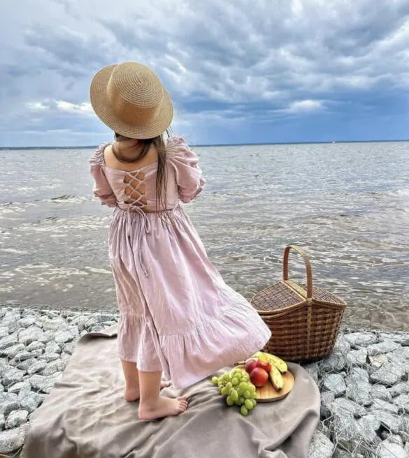 Girls Cotton and Hemp Bubble Sleeve Princess Dress