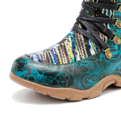 Maria's Genuine Leather Wool Spliced Lacing Comfortable Flat Boots Shoes