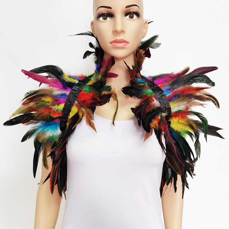 Black Rooster Feather Shrug Gothic Collar with Ribbon Ties