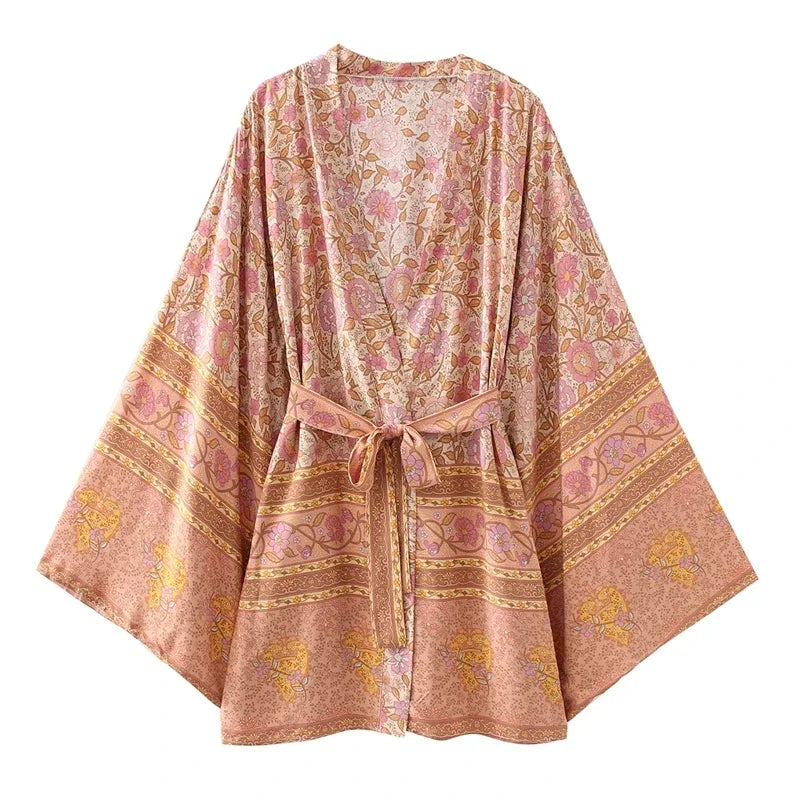 Penny's Boho Floral Print Short Kimono Robe