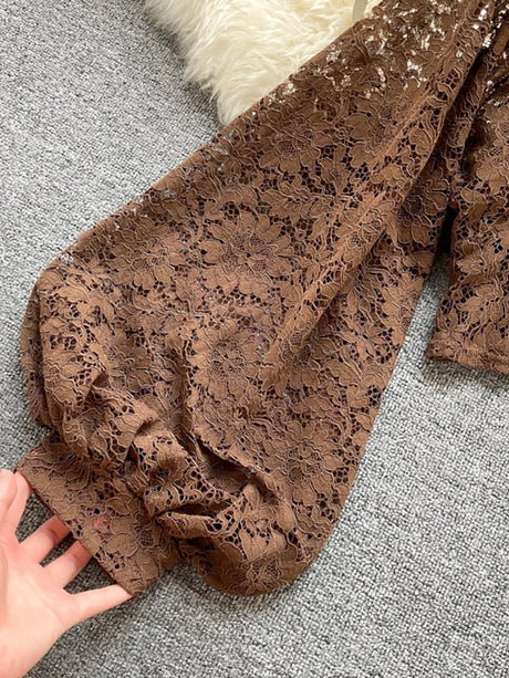Lace Crop Top Black/White/Brown Long Lantern Sleeve