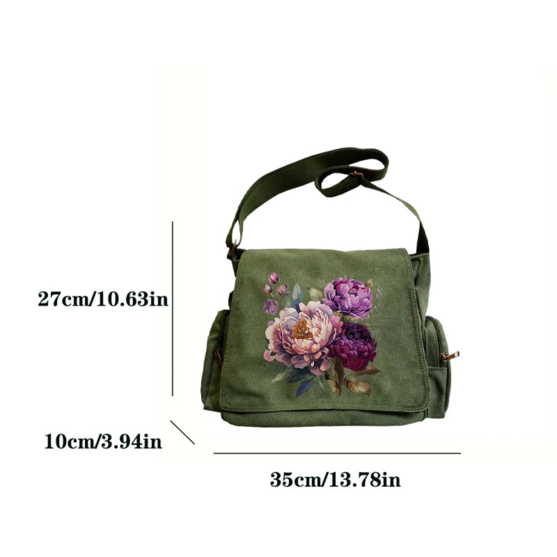 Purple Blooms Print Canvas Shoulder Bag Crossbody Messenger Bag
