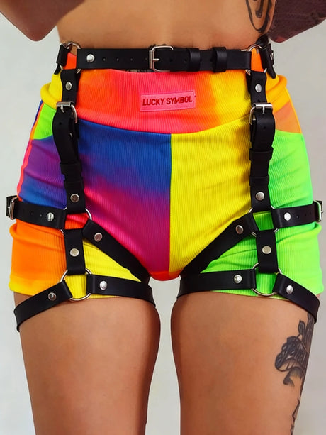 Black PU Leather Waist Garter Harness - Adjustable Multi-Strap Ring Design Belt Punk Grunge Outfits