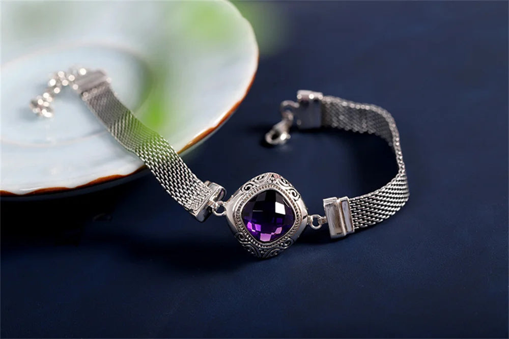 The Gate Keeper's S925 Sterling Silver Bracelet Amethyst Smoky Quartz Flat Woven-chain Jewellery