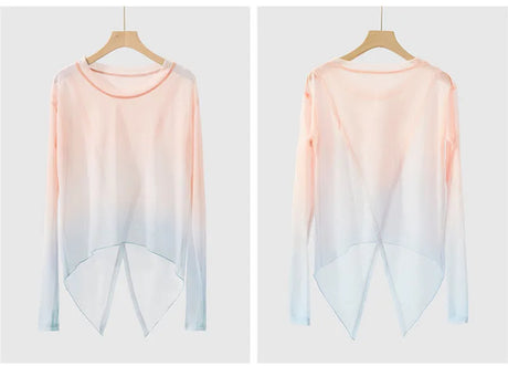 Gradient Gauze Top Dance Practice Top Thumb Finger Hole Long Sleeve Dancewear