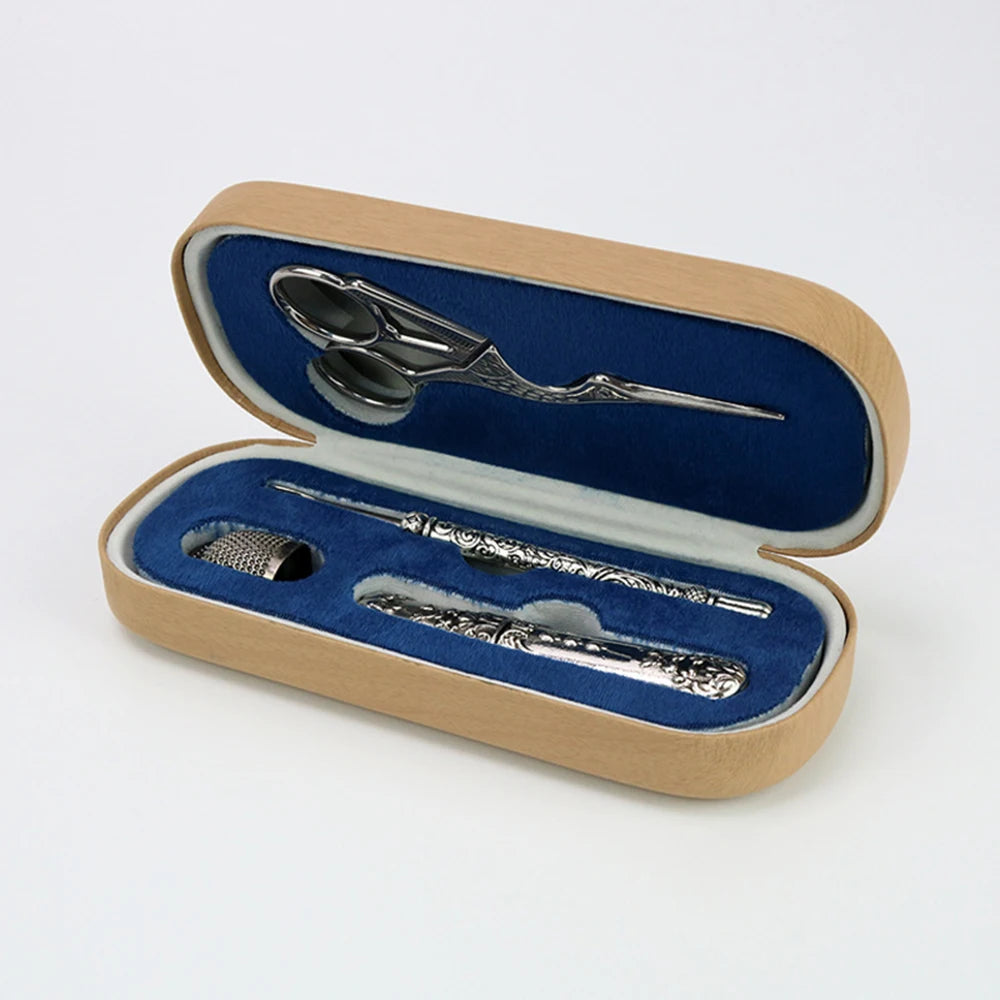 Crane 4pcs Embroidery Scissors Kit Needlework Set Seam Ripper Thimbles Needles
