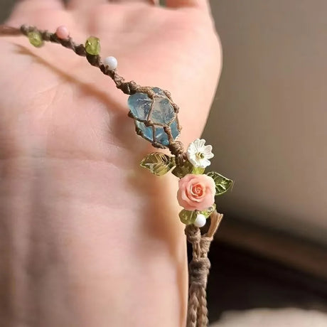 Natural Rose Quartz Aquamarine Stone Beaded Handmade Bracelet Adjustable Rope