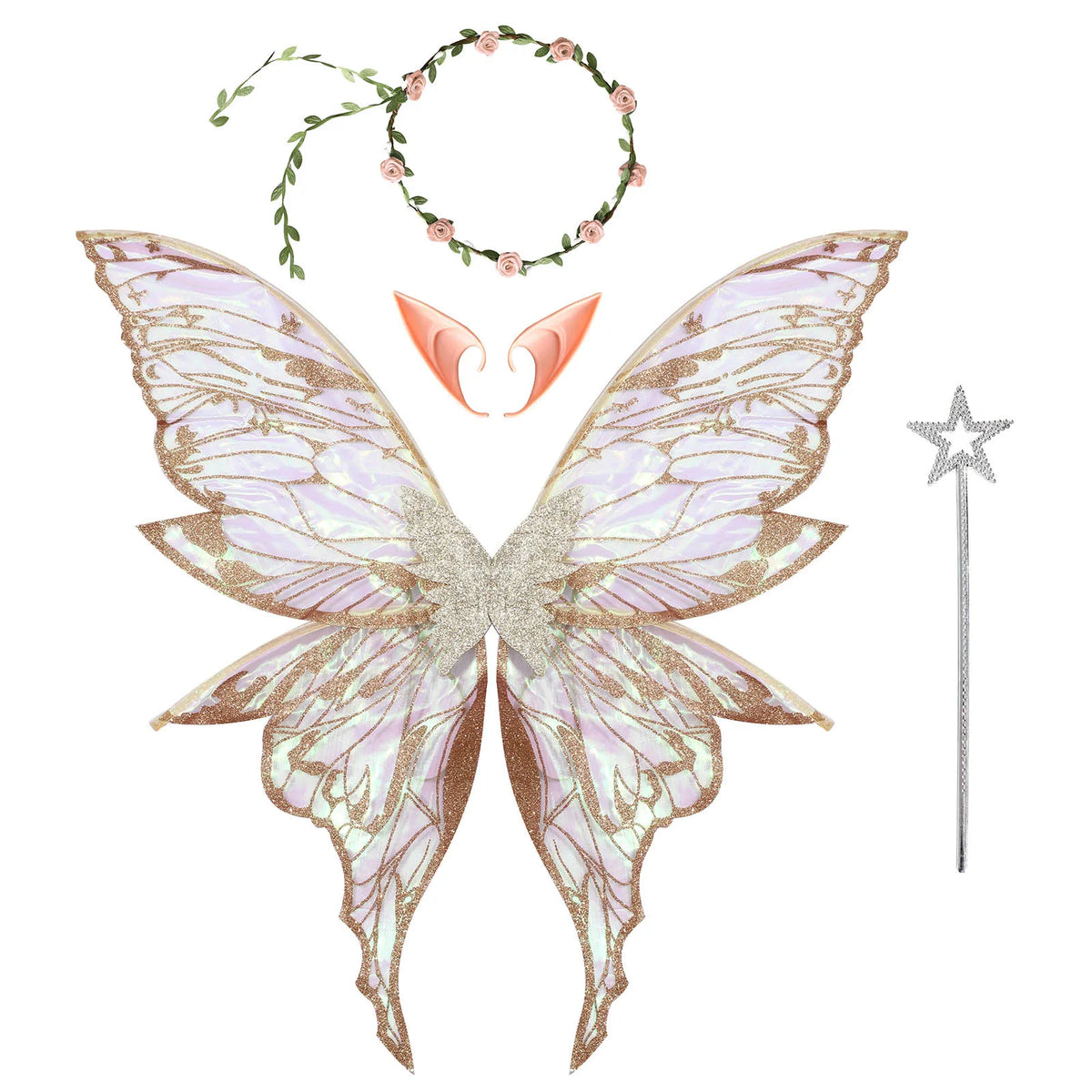 Fairy Elf Costume Wings, Ears, Wand and Hair Wreath Sets
