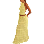 Summer's Ruched Halter Cami Tops + Maxi Skirt 2 Piece Set