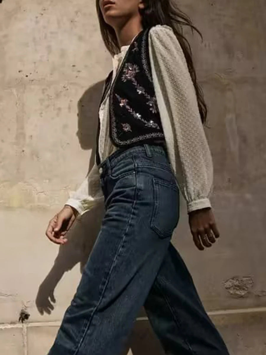 Janet's Floral Embroidered Velvet Vest Waistcoat