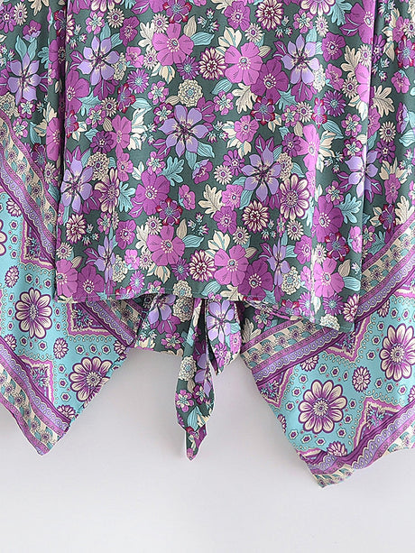 Purple Floral Boho Short Kimono Wrap Top