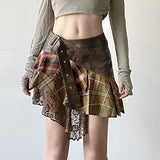Goblincore Grunge Irregular Spliced Lace Plaid Skirt