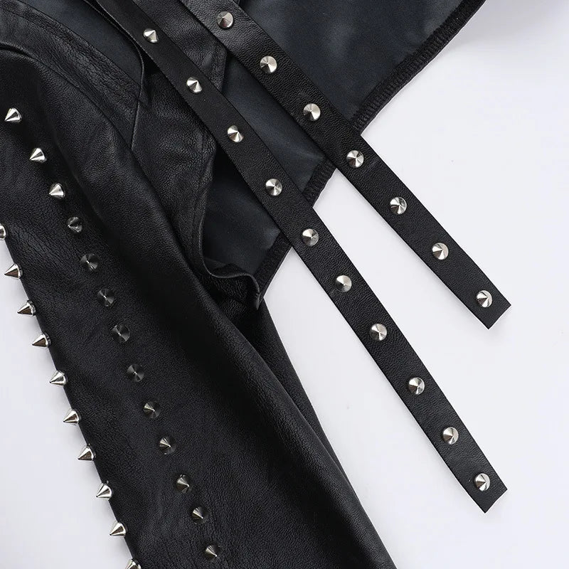 Women's Punk Crop Jacket PU Leather Cosplay Jacket Rivet Strap Gothic Streetwear Top
