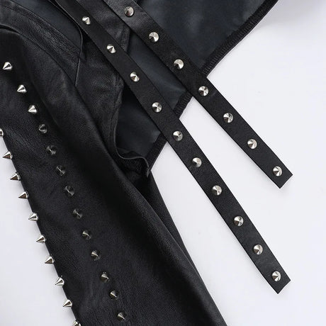 Women's Punk Crop Jacket PU Leather Cosplay Jacket Rivet Strap Gothic Streetwear Top