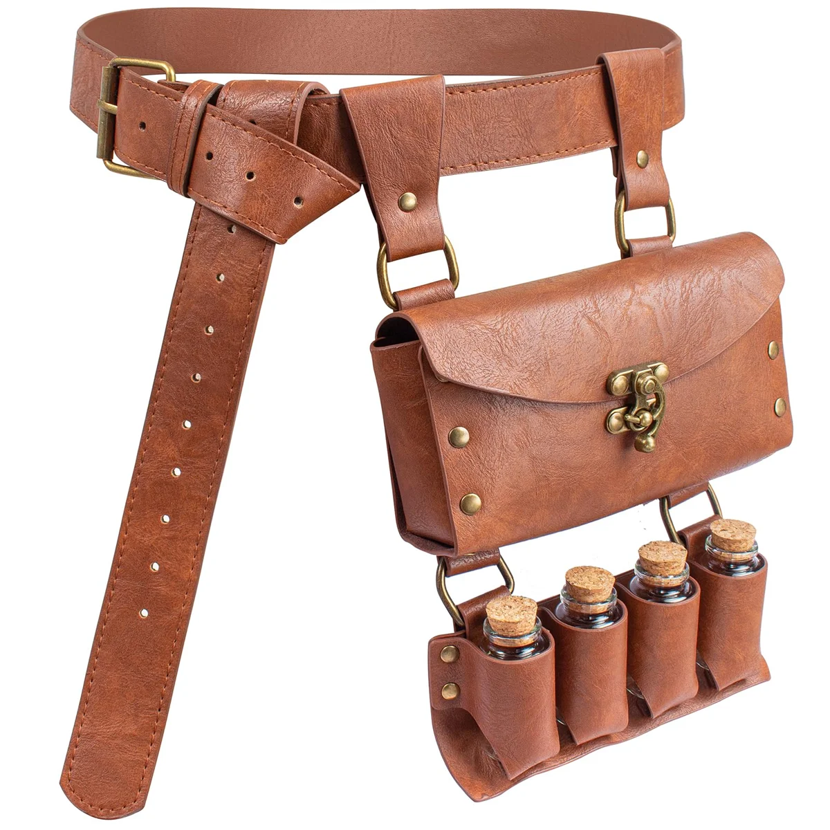 Renaissance Alchemist Leather Belt Medieval Wizard Alchemy Glass Magic Bottle Waist Bag Cosplay Belt