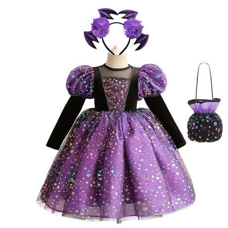 Purple Witch Girls Halloween Costume Star Tulle Party Dresses with Props