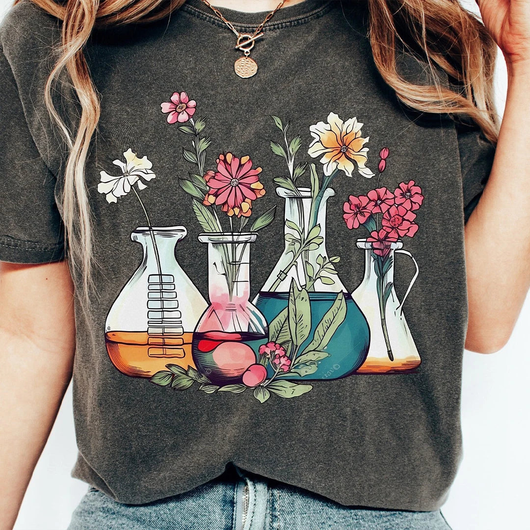 Floral Beakers Chemistry Lab Scientist T-Shirt Biology Teacher Cotton Tee