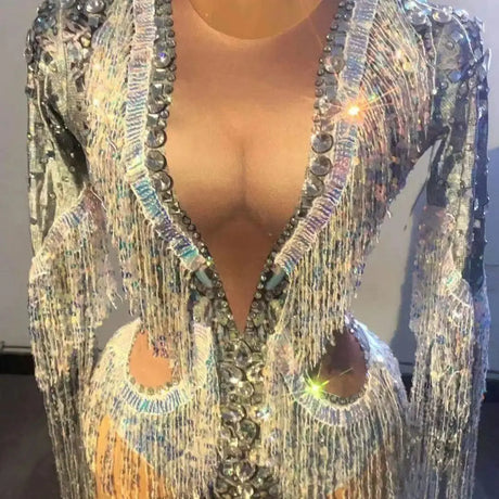 Silver Showgirl Stage Wear Rhinestone Bodysuit Costume Sequins Tassel Dance Jumpsuit Leotard