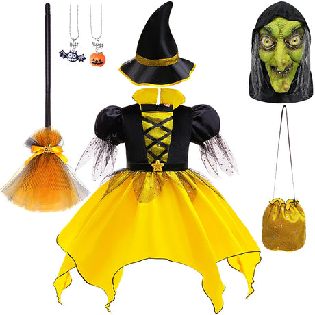Girls Halloween Cosplay Yellow Witch Costume