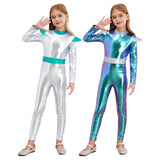 Girls Boys Alien Costume Shiny Metallic Full Body Suit Space Astronaut Robot Halloween Dress Up