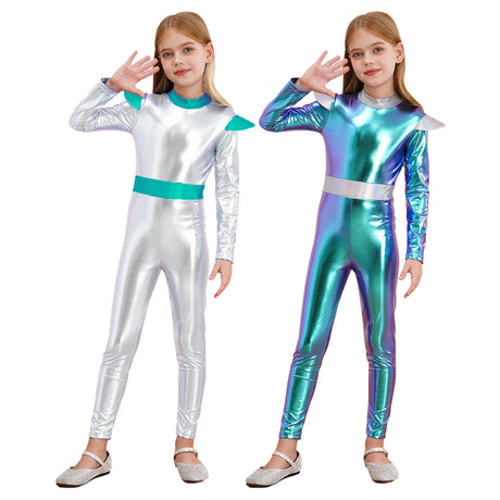 Girls Boys Alien Costume Shiny Metallic Full Body Suit Space Astronaut Robot Halloween Dress Up