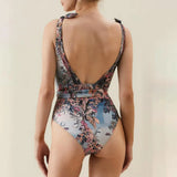 Lillian's Glam Print One Piece Hollow Swimsuit Matching Chiffon Pants