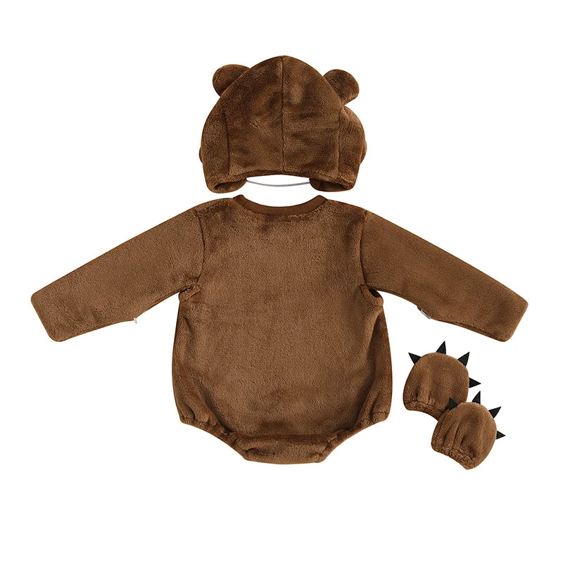 Grizzly Bear Baby Romper Set Jumpsuit with Hat and Gloves