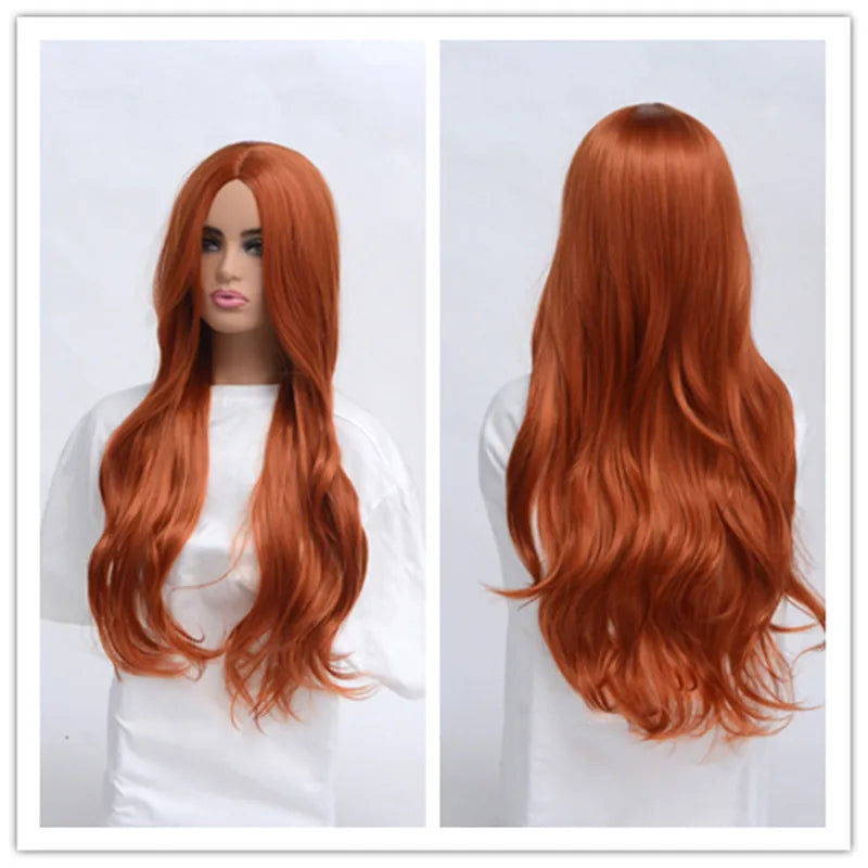 Synthetic Copper Red Wig Cosplay Long Wave Middle Part Heat Resistant Daily Wigs