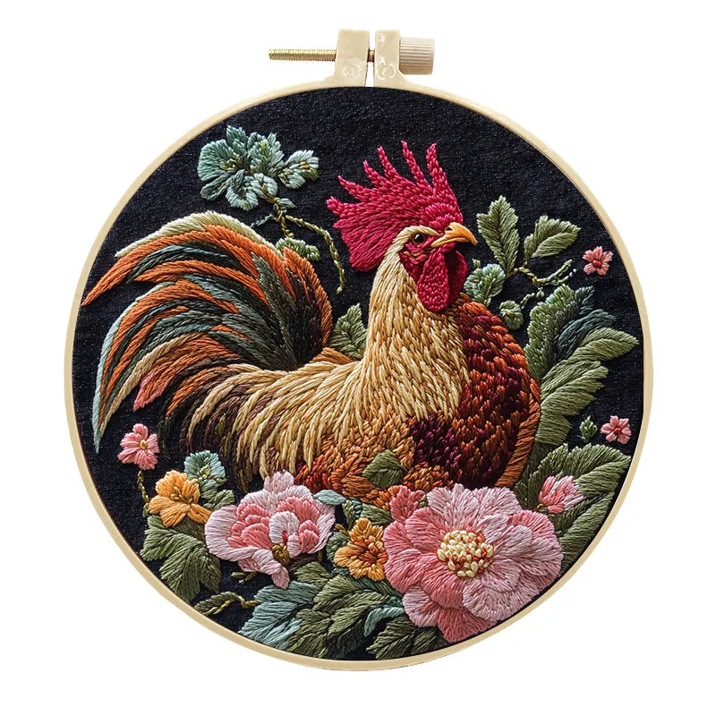Rooster Embroidery Kit with Flowers for Beginners Needles Embroidery Thread DIY Craft