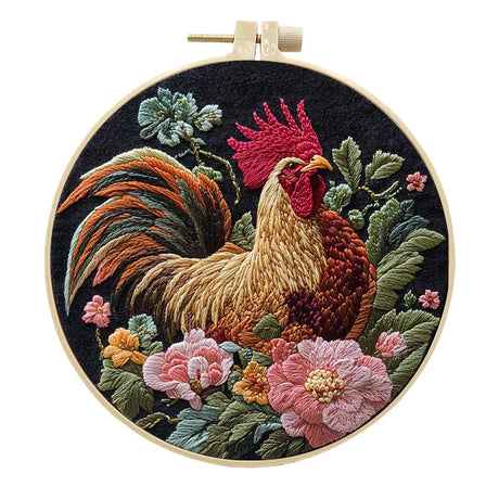 Rooster Embroidery Kit with Flowers for Beginners Needles Embroidery Thread DIY Craft