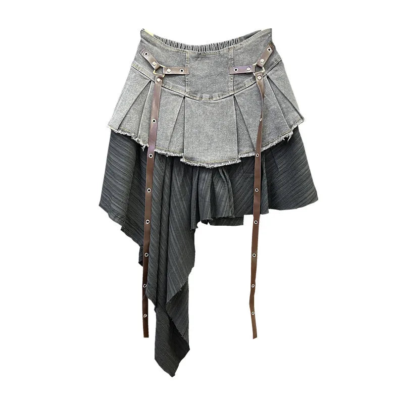 Spliced Denim Pleated Skirt