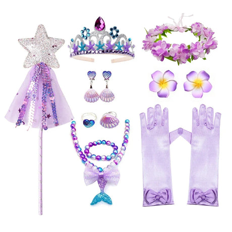 Mermaid Accessories Gloves Wand Crown Jewellery Set Wig Necklace Braid Cosplay Halloween Birthday Party