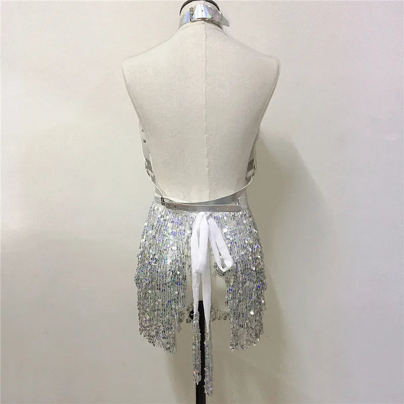 PU Leather Harness 2 Piece Set Metal Chest Chain With Tassel Sequins Mini Skirt Festival Party Club Outfits