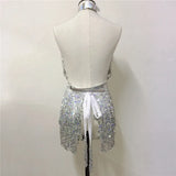 PU Leather Harness 2 Piece Set Metal Chest Chain With Tassel Sequins Mini Skirt Festival Party Club Outfits
