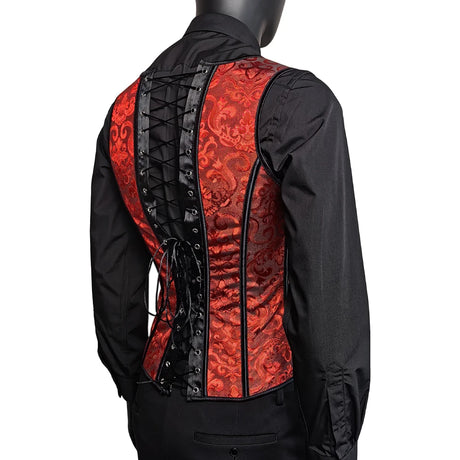 Men's Red Jacquard Boned Waistcoat Corset Vest Lace Up Burlesque Performance Stage Costume