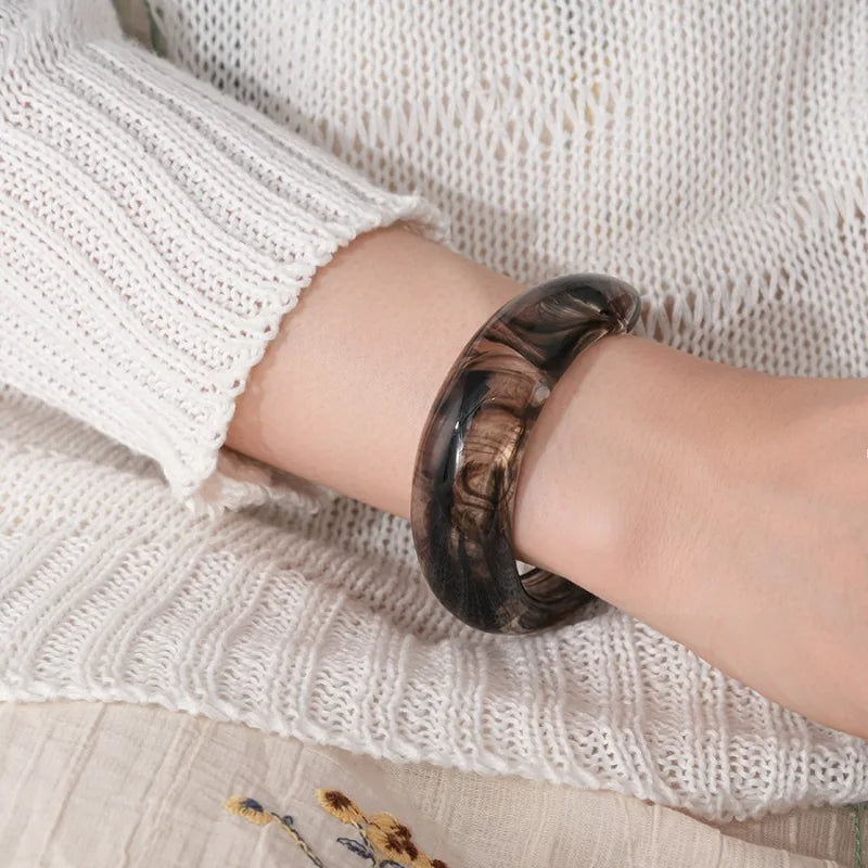 Smooth Round Acrylic Cuff Bangles Vintage Style Jelly Coloyr Smudging Wide Resin Bracelets