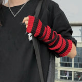 Stretch Knit Red-black Striped Goblincore Arm Warmers with Thumbhole