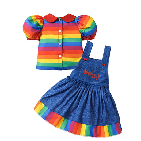 Chucky Costume  Halloween Toddler Baby Girl Cosplay Kids Rainbow Striped Shirt Overalls