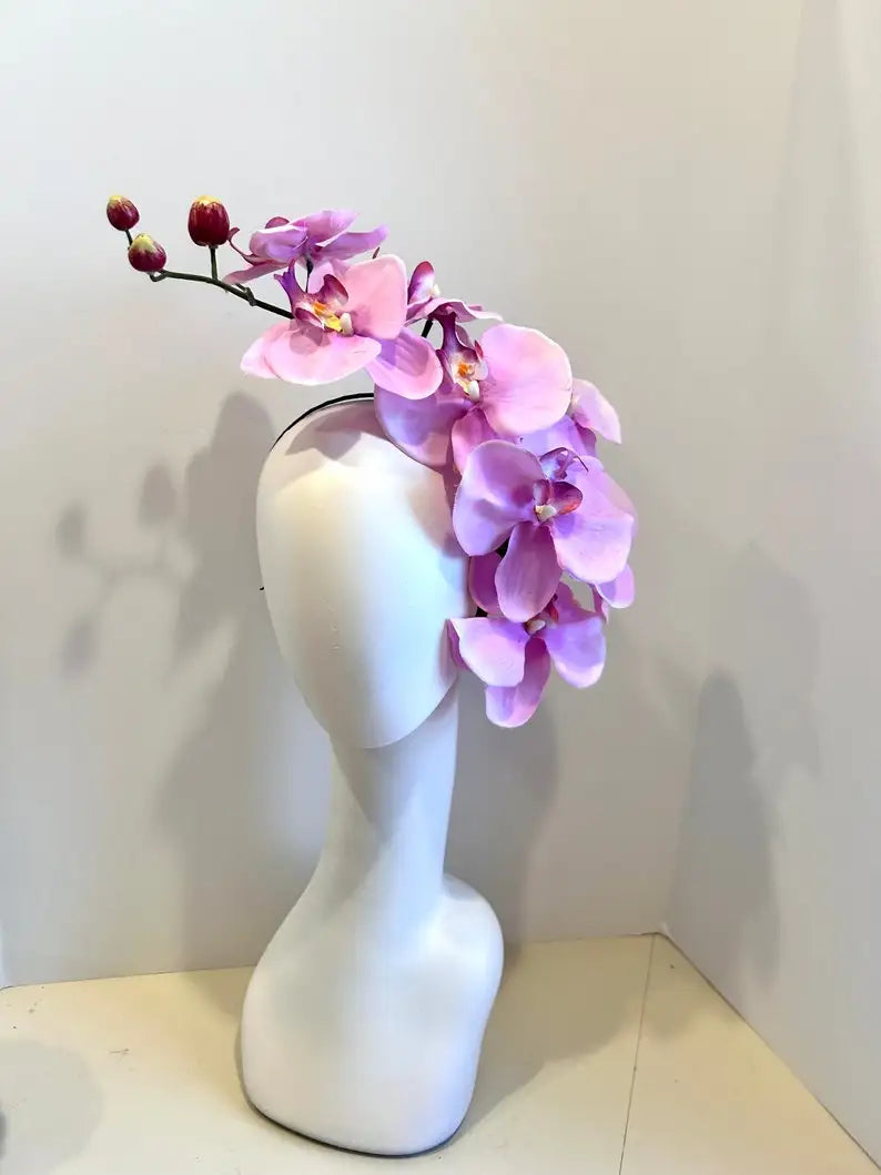 Handcrafted Large Realistic Orchid Statement Headpiece Floral Headband for Weddings Races Photoshoots
