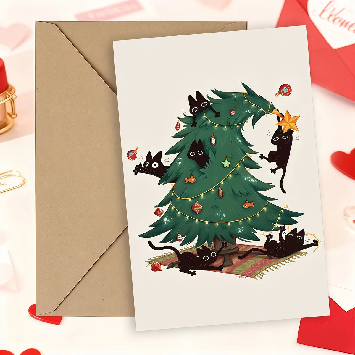 Christmas Card Mischievous Black Cat Climbing Xmas Tree