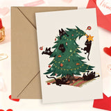 Christmas Card Mischievous Black Cat Climbing Xmas Tree