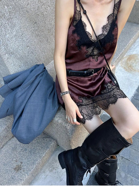 90s Lace Slip Dresses Vintage Silky Deep V-neck Dainty Punk Rock Grunge