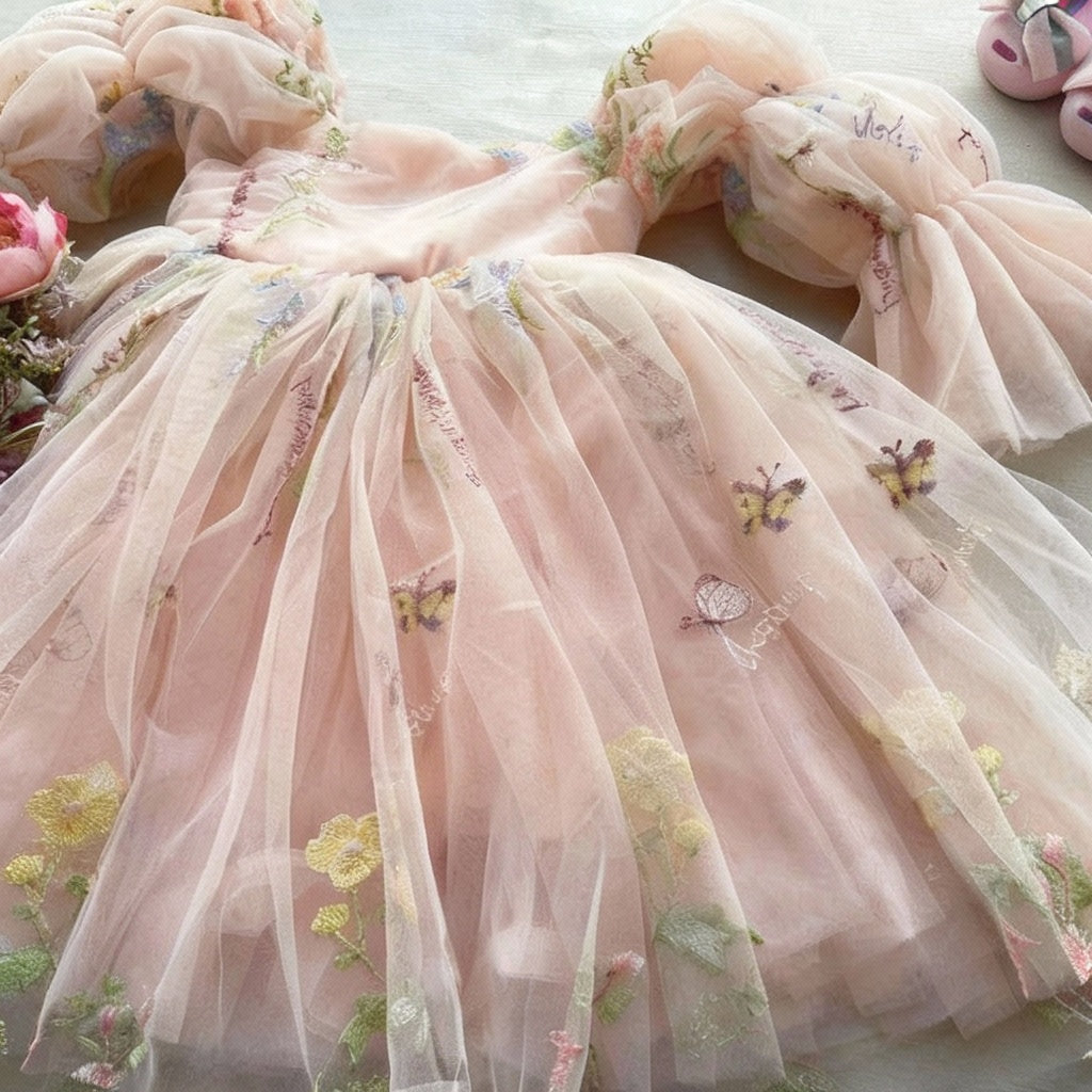 Fairy Faith's Baby Toddler Girls Birthday Dress Embroidered Butterfly Flower Girls Dress