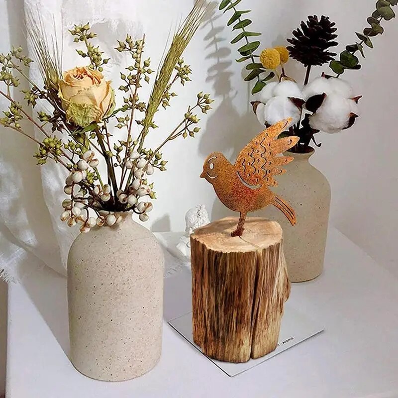 Set of Four Rusty Metal Bird Silhouettes Garden Fence Decor