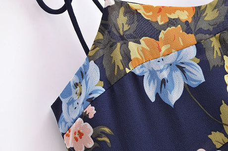 Sharona's Navy Blue Floral Print Spaghetti Strap Dress