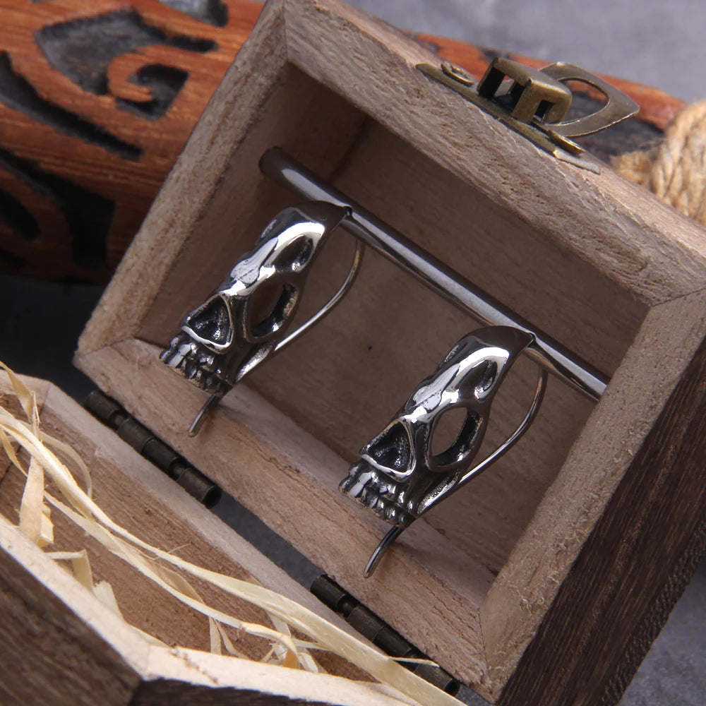 Vikings Skull Stainless Steel Hook Earrings for Men with Wooden Box