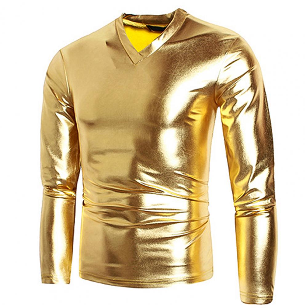 Men T-shirt Glossy Solid Long Sleeve Tops Nightclub Party Performance Wear