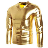 Men T-shirt Glossy Solid Long Sleeve Tops Nightclub Party Performance Wear