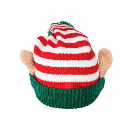 Christmas Elf Striped Beanies Hat Knitted Xmas Cap with Small Ears for Women Men
